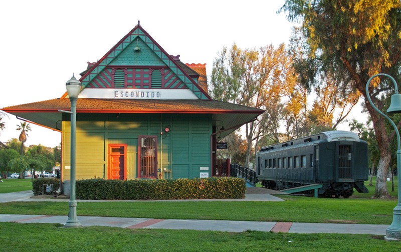 View of the Santa Fe Depot and its accompanying railway car built in 1929