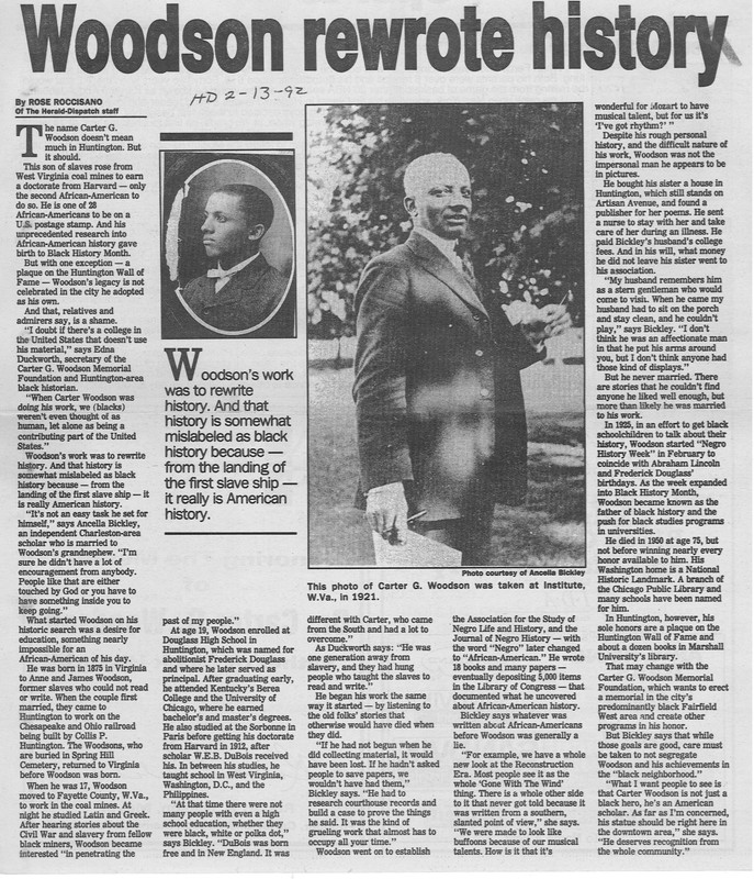 
Roccisano, Rose. "Woodson Rewrote History." The Herald Dispatch 13 Feb. 1992. Print.
Marshall University Special Collections.
