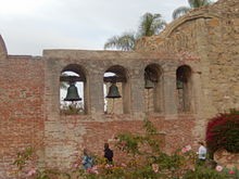 Bells at Mission San Juan Capistrano. Local legend claims that once, upon the death of an Indian woman of the mission, the bells rang of their own accord.