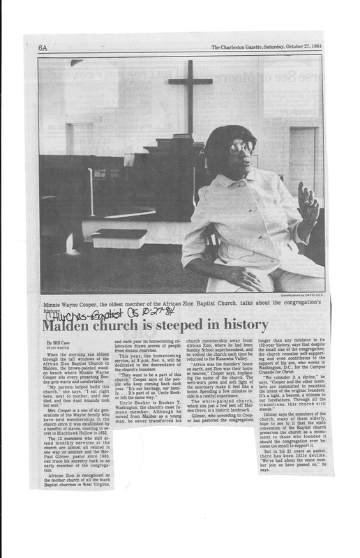 1984 article on church, Courtesy of Marshall Special Collections