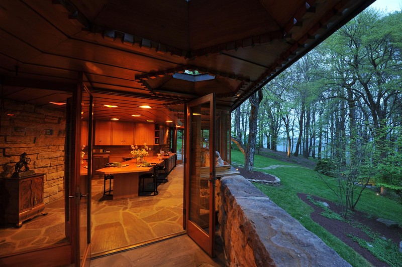 Looking into the kitchen with a view of the grounds.  