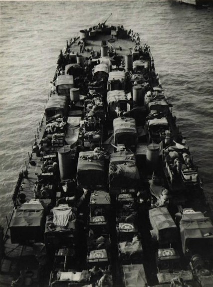 Historic photo of the LST-325 loaded up for the invasion of Sicily