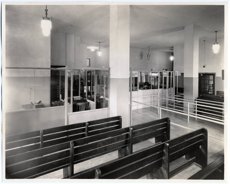 Black and white photograph of the University of Oregon Medical School Outpatient Clinic empty waiting room.