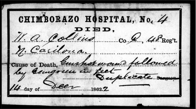 A death certificate written from the Chimborazo Hospital. The solider's name, unit and date of death are clearly legible to the reader