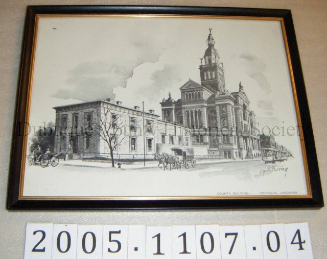 Print, Black and white print titled "County Building Historical Landmark." Print features a view of the county courthouse and old jail from the street. Courtesy of the National Mississippi River Museum Accession: 2005.1107.04