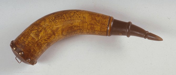 Powder Horn, United States, 1752. Carved horn, wood.