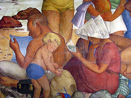 Labaudt painted himself into one of the murals (he is the man reading the paper) 