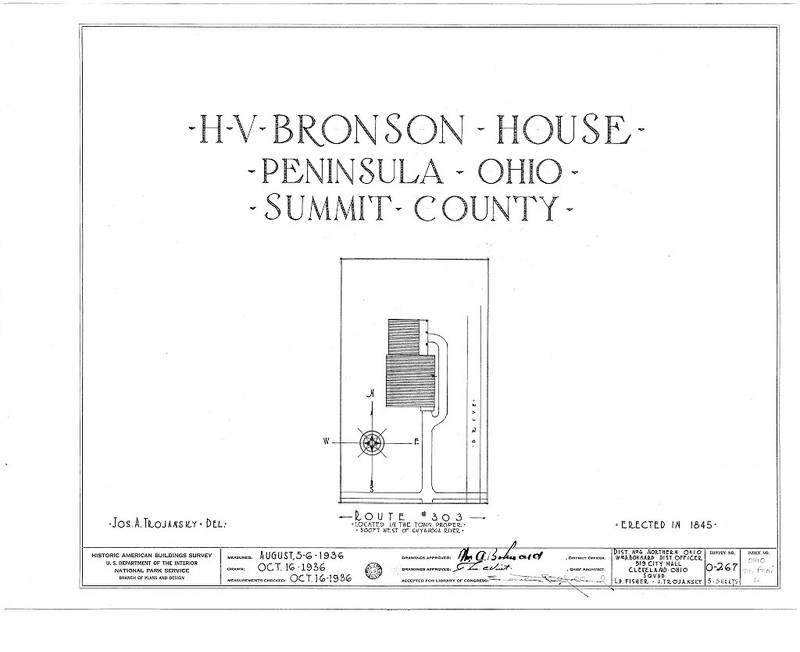 The first of six pages of architectural drawings of the Bronson house made in the 1930s. This image comes from the Library of Congress.