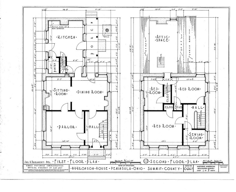 The second of six pages of architectural drawings of the Bronson house made in the 1930s. This image comes from the Library of Congress.