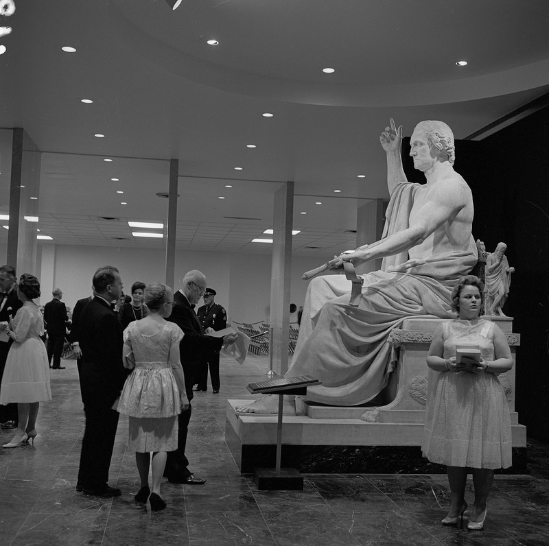 Visitors learn about Horatio Greenough's statue of George Washington at the museum dedication in 1964. Photo courtesy of the Smithsonian Institution Archives. 