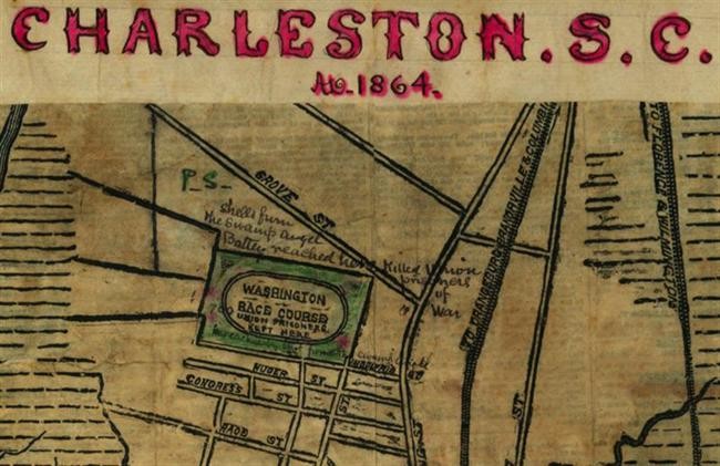 This map shows the outline of the old race track. Robert Knox Sneden, Charleston S.C., A.D. 1864. Library of Congress, American Memory. http://memory.loc.gov/ammem