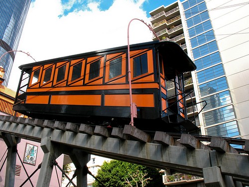 Angels Flight railway was first built in 1901 and operated until 1969. It was rebuilt a block away in 1996.