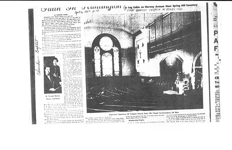 Part 1/2 of article on First Baptist. Photos show church before destruction in 1965. Courtesy of Marshall Special Collections