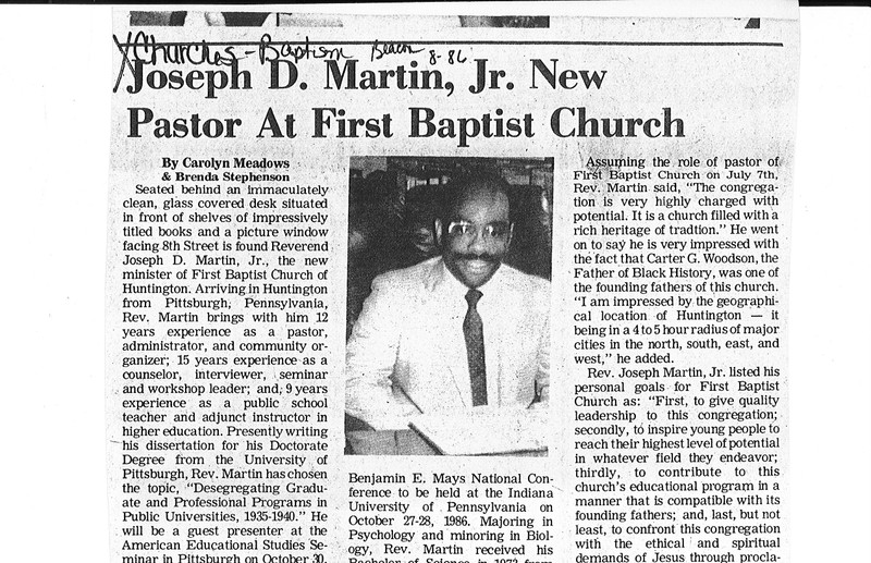 1986 article in new pastor at First Baptist. Courtesy of Marshall Special Collections. 