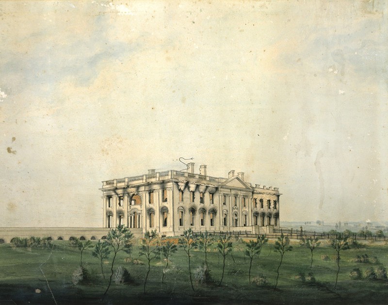 This print depicts the smoldering remains of the Executive Mansion after it was set on fire by the British on August 24, 1814.