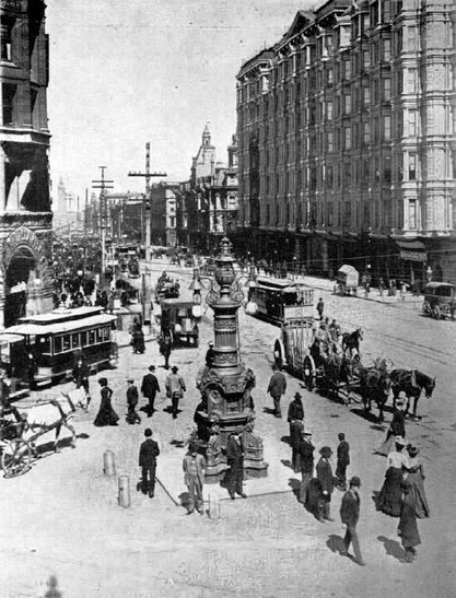 Lotta's Fountain at its original location at Third, Market and Kearny, prior to the 1906 earthquake. Wikimedia Commons.