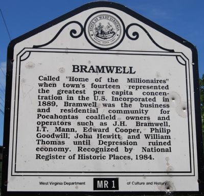 This historical marker is about a mile south of the center of Bramwell at the intersection of Coopers Road and Pocahontas Road. 