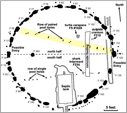 This illustration of Miami Circle shows prehistoric features, such as the postholes, basins, and archaeological findings, as well as modern disturbances to the site, like a nearby apartment's septic tank. Florida Bureau of Archaeological Research.