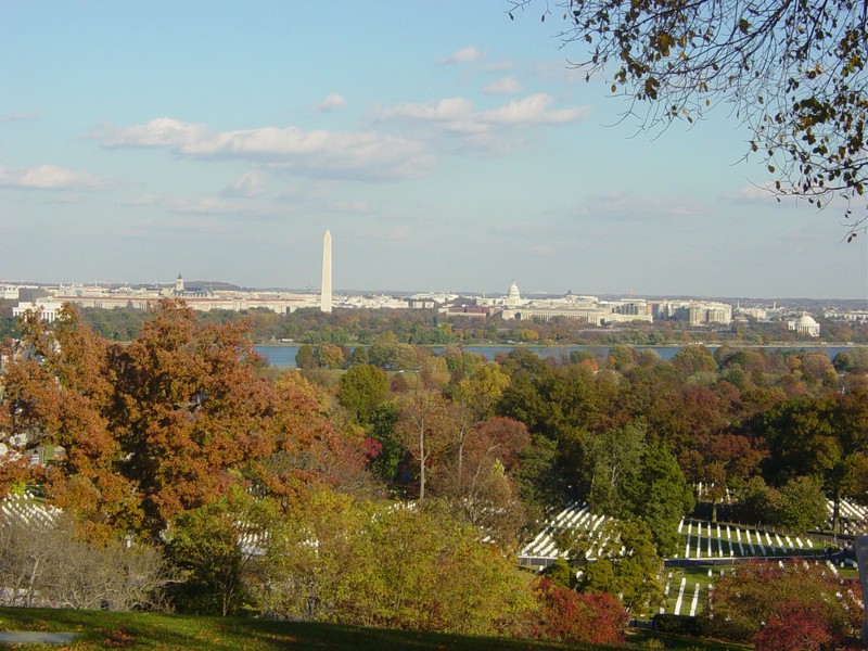 View of Arlington National Cemetery, the Potomac River, and downtown Washington, D.C. from the Arlington House. Wikimedia Commons. 