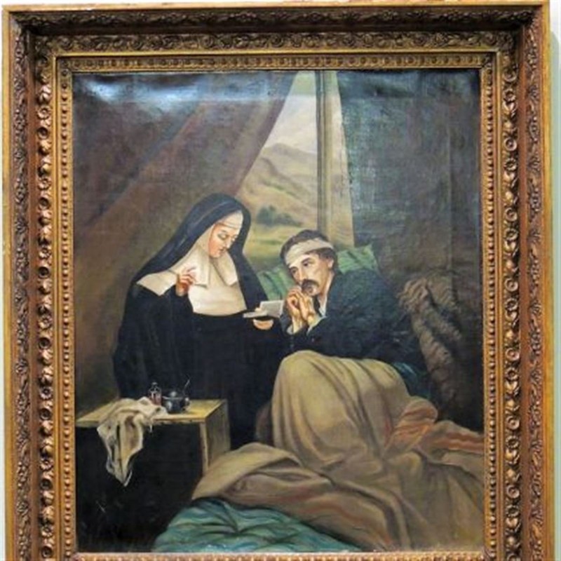 A Catholic Sister of Mercy comforts a Union soldier in a painting allegedly commissioned by Abraham Lincoln. Sisters, who could only serve as unpaid volunteers assisting the surgeons of both armies, were praised for their fortitude and discipline.