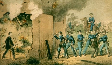 Period time print depicting Boston Corbett firing Booth who was inside the burning barn. 