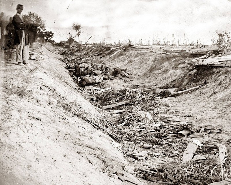 The Sunken Road, or "Bloody Lane," offered a natural trench for defensive Confederate forces. 3,000 Union and 2,600 Confederate were killed or injured at this site. This image looks east from the north bank. Library of Congress.