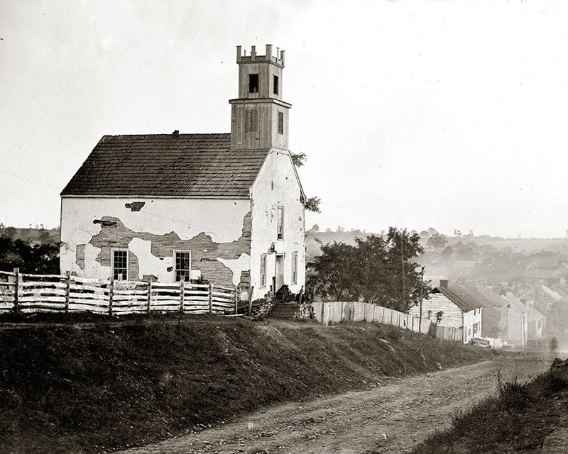 The heavily damaged Lutheran Church, built in 1768, on the east side of Sharpsburg. It was damaged by Union artillery and demolished after the battle. Library of Congress.