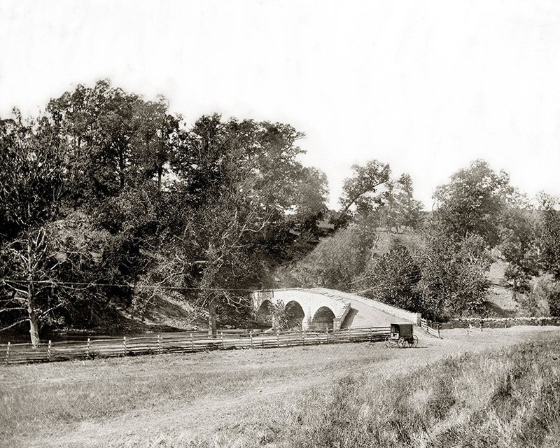 A view of Burnside Bridge taken from the same perspective of Union Major General Ambrose Burnside, who managed to seize the bridge after a long and cumbersome conflict. Library of Congress.