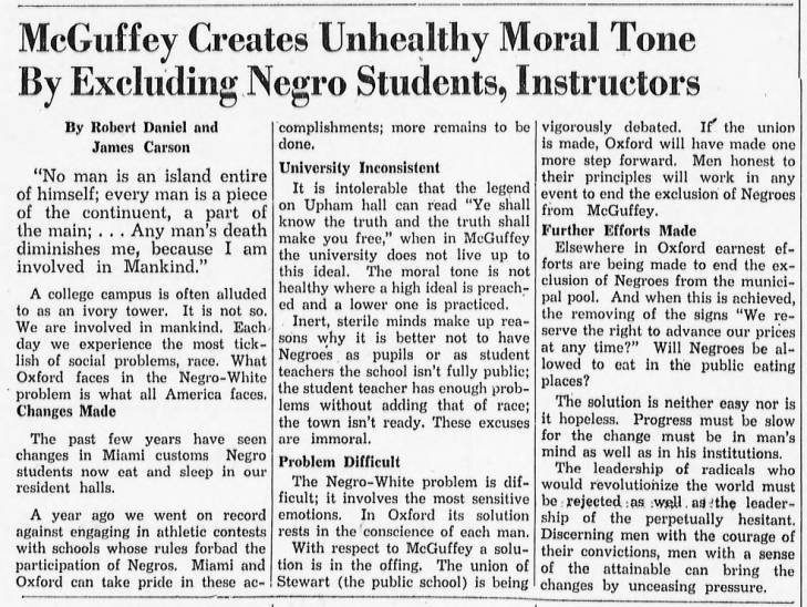 Newspaper article disputing the racial disparity within the McGuffey. 