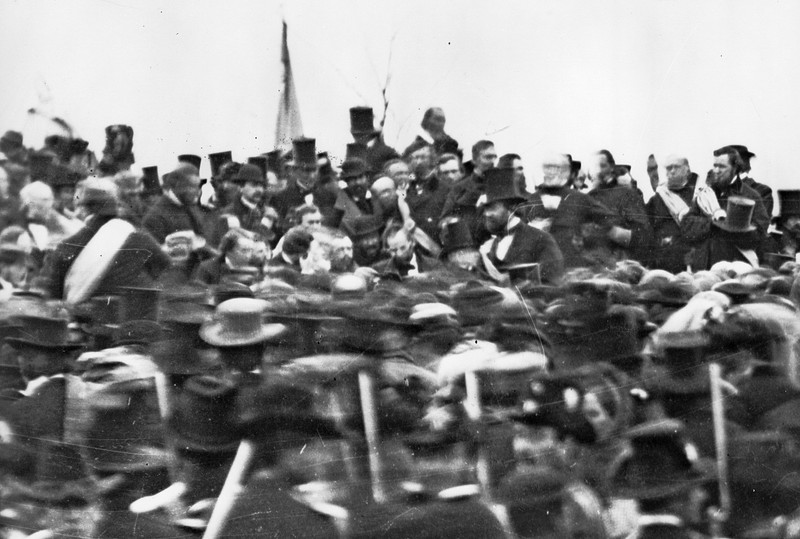 A photo of the dedication ceremony where Lincoln delivered the Gettysburg address.