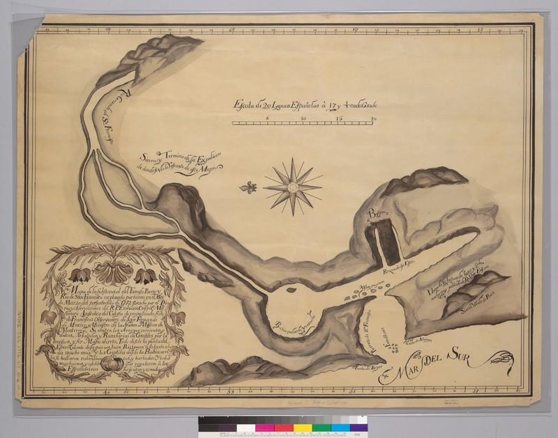 A 1772 map drawn of San Francisco Bay by Padre Juan Crespi. The landmass at bottom right is the Peninsula. Across the Golden Gate from it, note Point Reyes near bottom center (Online Archive of California).