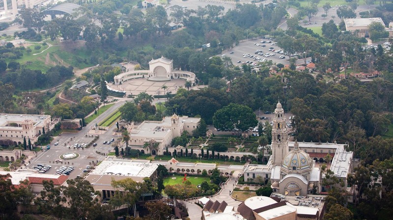 Aerial view of the the park. The Plaza de Panama is on the left and the  building on the right is the Museum of Man. The structure on the upper left side is the Spreckels Organ Pavilion.