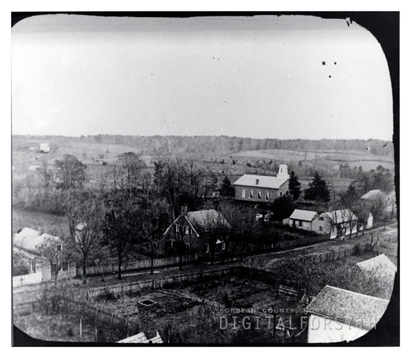 late 1800s bird eye's view of Old Salem. Church on right