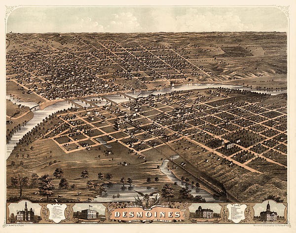 Antique Map of Des Moines in 1868 by the pioneering panoramic map artist Albert Ruger