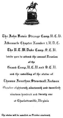 1921 flier from the joint committee of Confederate Veterans, Sons of Confederate Veterans and Daughters of the Confederacy for Unveiling Day. Courtesy of the Holsinger Studio Collection, Special Collections Department, University of Virginia Library