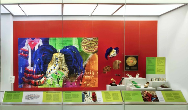 This is an image of some of the artifacts at the Celia Cruz at the Smithsonian. This includes pieces of her attire.