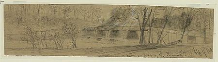 Sketch of a burning bridge over the Rivanna river by Custer's men.