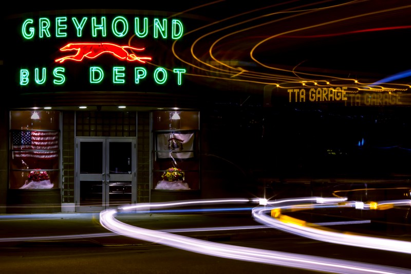 Greyhound Station, Huntington, WV. The building is used as a terminal for the Tri-State Transit Authority (TTA) -- which runs local busses during the day and night -- the Greyhound.