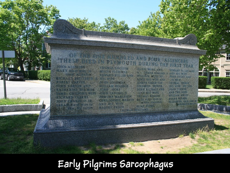 Another picture of the sarcophagus, bearing the names of the Pilgrims who died during the early months of the colony (Courtesy of Bear Tracks blog)