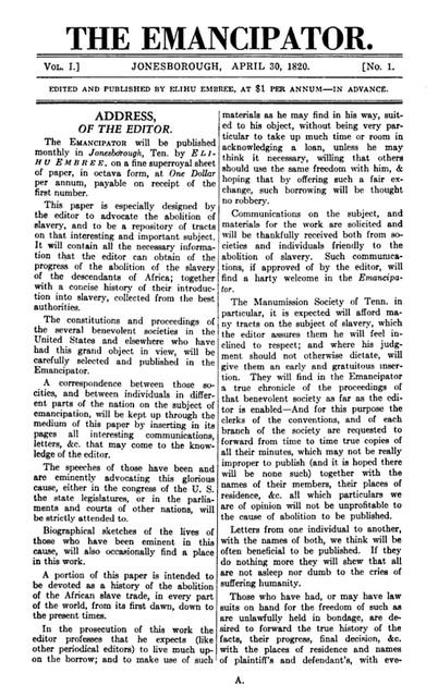 The first issue of The Emancipator