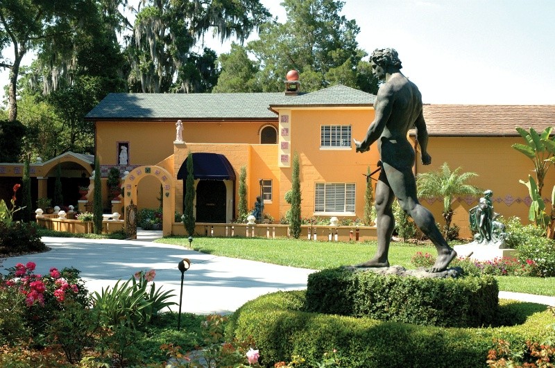 View of the house from the back and the gardens. The statue is Polasek's "The Sower," one of his most famous statues.