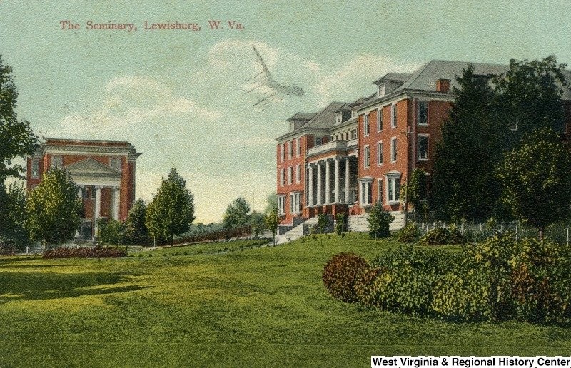 A postcard from the early 1900s featuring Carnegie Hall and the original Greenbrier Hall.