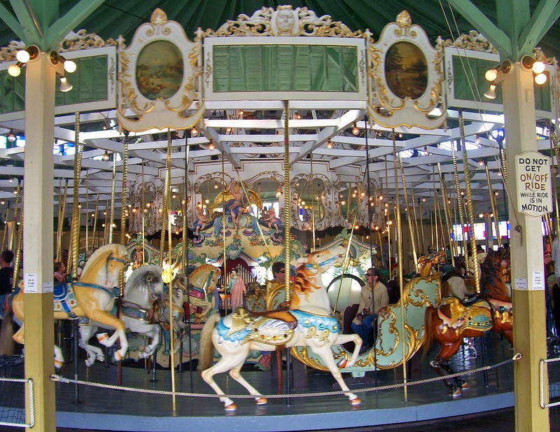 The carousel is 50 feet in diameter and contains 61 horses, one camel, to coaches and two double chariots. 