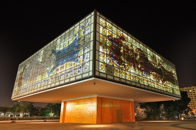 The Jewel Box (Annex) lit up at night.