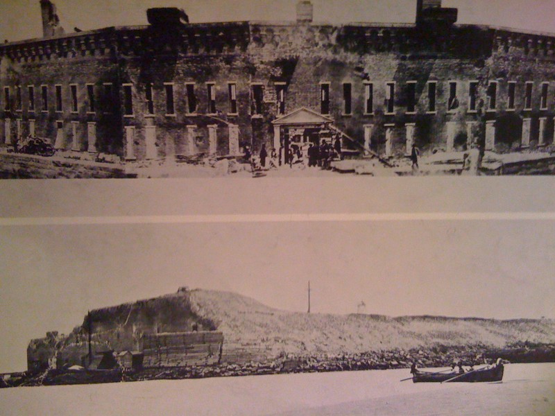 Historical photo compilation, comparing pre-Civil War Fort Sumter with post-Civil War Fort Sumter