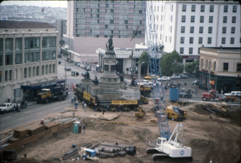 [Moving Pioneer Monument at the site of the new Main Library, Hyde Street and Grove Street]. July 10, 1993. Photo ID #: AAZ-0389. SAN FRANCISCO HISTORY CENTER, SAN FRANCISCO PUBLIC LIBRARY.