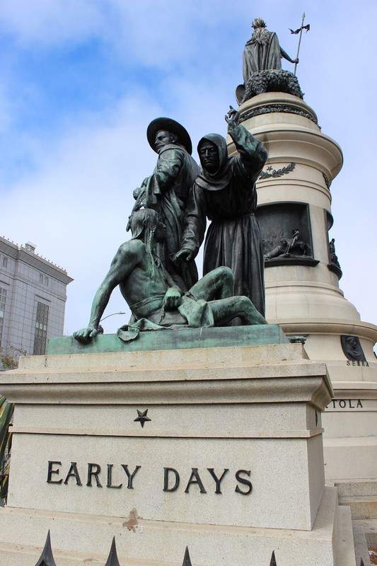 The "Early Days" portion of the monument has been controversial since the 1980s due to its depiction of a Spanish missionary and Mexican vaquero towering over a seated indigenous Californian.  Photo by Cynthia Prescott, July 2018.