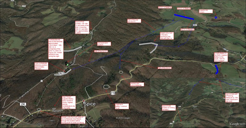 A larger overview of the battle using modern satellite imagery, showing Averell's approach, flanking movement, and the Confederate retreat.