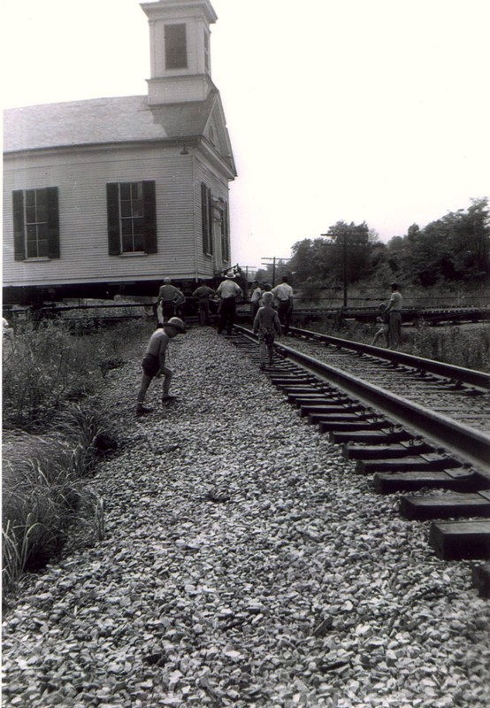 Scene from the church's move in 1953. It is clearly seen how the church was moved intact. 