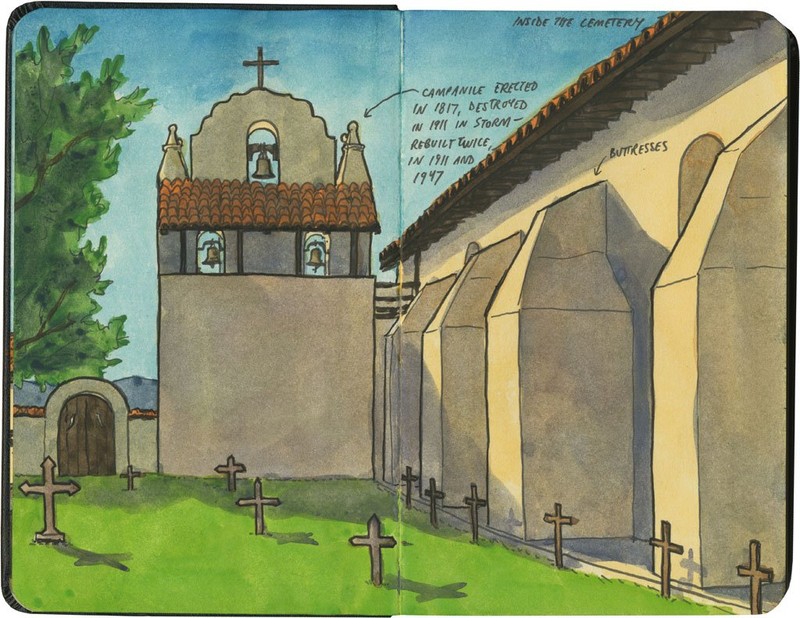 Artist Chandler O'Leary's modern sketch portrait of Santa Ines's graveyard and belltower. See below for link.